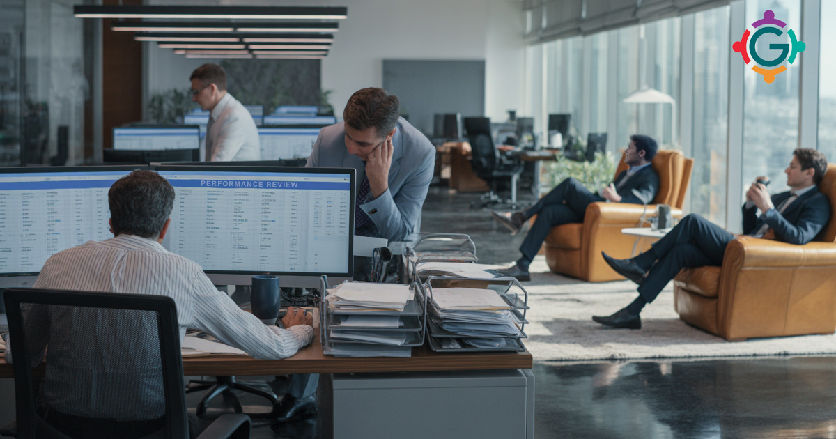 Frustrated high-performing manager working late while underperforming colleague leaves early, illustrating the leadership accountability paradox